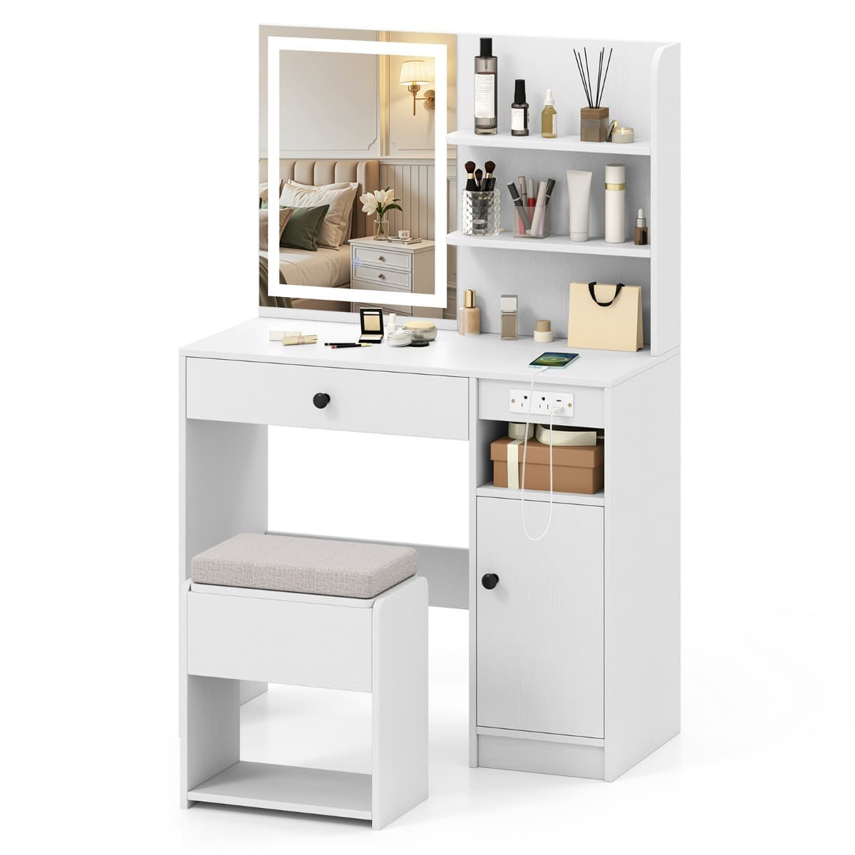 CostwayCoiffeuse avec Miroir et Lumières Table de Maquillage avec Tabouret de Rangement Coussiné Prises Électriques avec 3 Modes D'éclairage Blanc