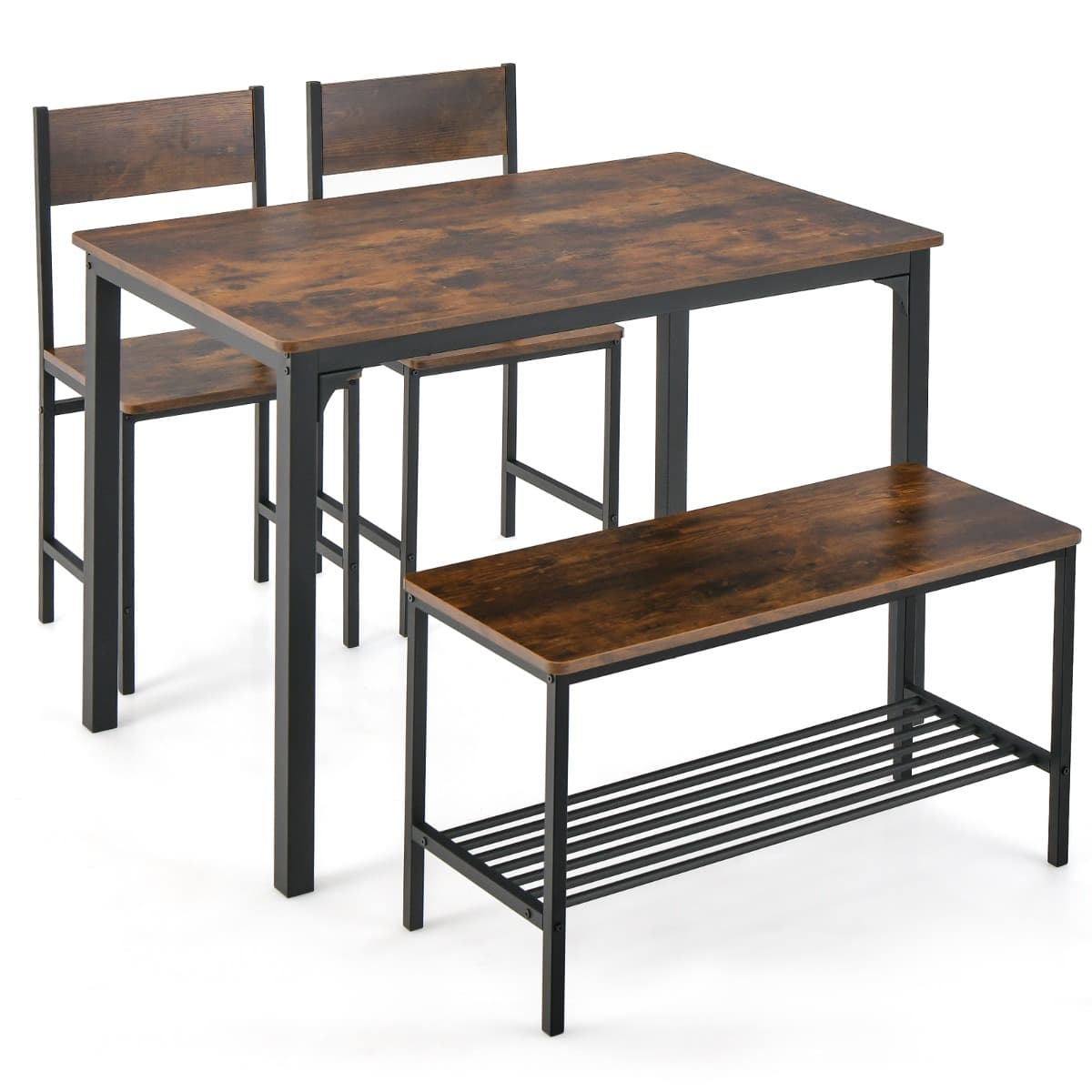 CostwayEnsemble Table et 2 Chaise 1 Banc 4 Personnes Style Industriel Structure en Métal pour Salle à Manger Restaurant Cuisine Café